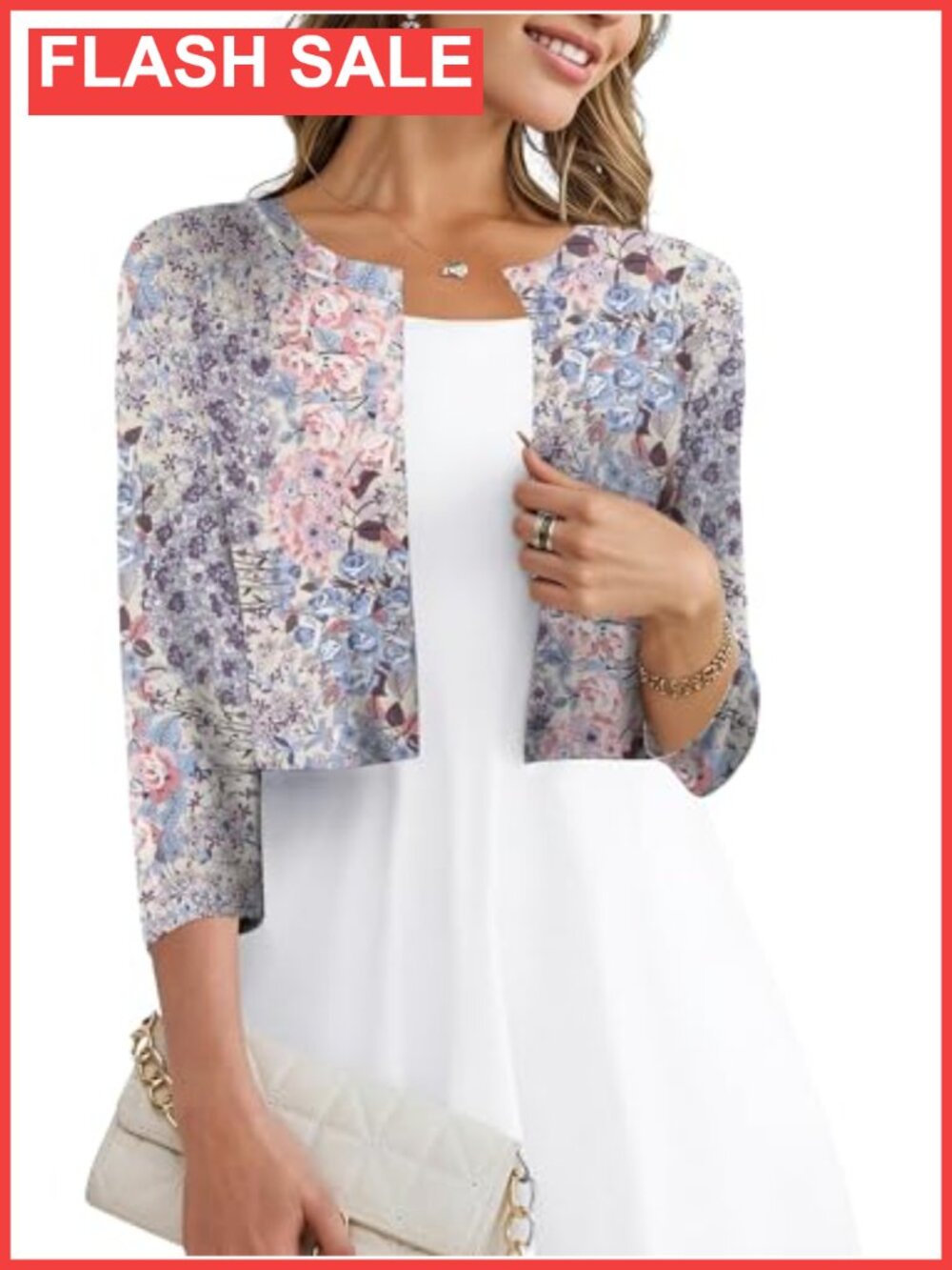 Womens Lightweight Knit Open Front Cropped Cardigan 3/4 Sleeve Shrug